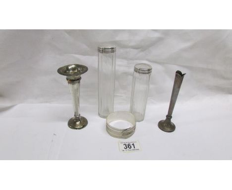 2 silver topped bottles, 2 silver specimen vases and a silver bangle