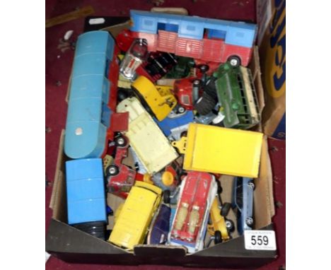 A box of playworn Corgi, Dinky and Tonka vehicles