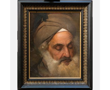 Artist first half 19th Century, Portrait of an oriental , oil on paper on board, signed upper right ( unreadable ) , framed. 