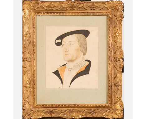 Francois Clouet (1510-1572)-school, portrait of a noble man, black chalk and watercolour on paper, framed under glass, ………………