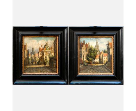 Johan Franciscus Spohler (1853-1923), Pair of Dutch street views , oil on wooden panel, signed bottom right , framed. Each 28