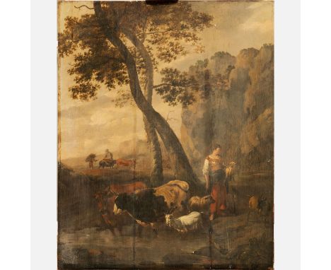 Nicolaes Berchem (1620-1683)- attributed, shepperds with animals by a pont , oil on oak panel, damages, 70x58 cm