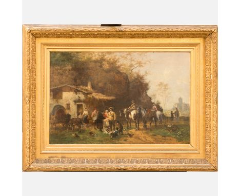 Ludwig Gedlek (1847-1904)-attributed ., A Jewish merchant in a village , oil on wooden panel, signed bottom right unreadable 