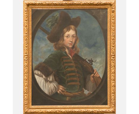Caesar Boetius van Everdingn (1616-1678)-attributed, Portrait of a noble  Hunter with riffle in front of cloudy background pa