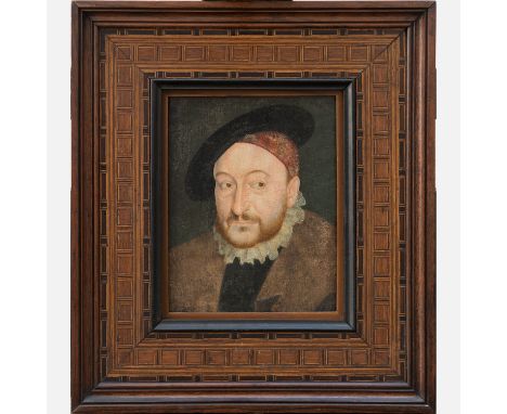 Hans Holbein (1497-1543)-circle, Profil portrait of king Henry VIII (1491-1547) , oil on oak panel , in old frame. 22X17 cm