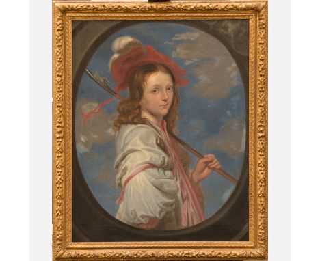Caesar Boetius van Everdingn (1616-1678)-attributed, Portrait of a noble  Hunter with lance in front of cloudy background in 