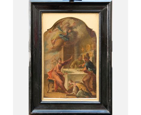 Venetian Artist 18th Century, Jesus in the house of Maria and Martha , oil on paper on wooden panel, arched, framed . 38X24 c