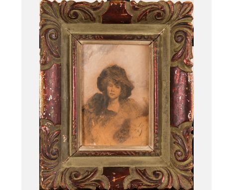 Alfons Mucha (1860-1939)-attributed, lady’s portrait, black chalk on paper, signed, framed under glass, 27 x 17 cm