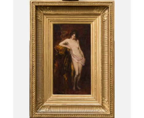 Ecole Francaise around 1900, Female standing nude , oil on wooden panel, signed bottom left ( unreadable ), framed. On the re