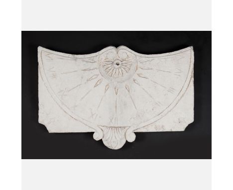 Stone sundial , rectangular shape with scrolled  borders and ornaments, in the centre sun symbol, Roman numbers with scale, o