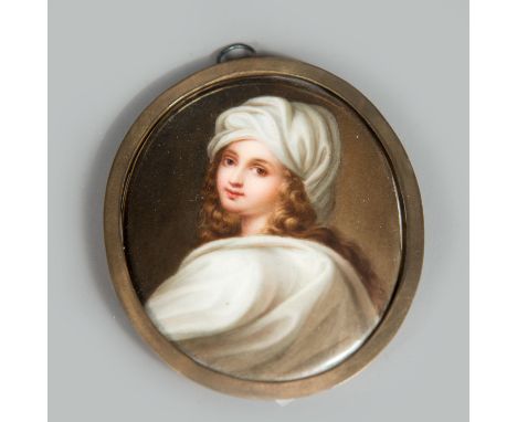 Porcelain miniature, Portrait of a girl, painted on porcelain glazed, after Guido Reni, brass frame. 9X7.5cm