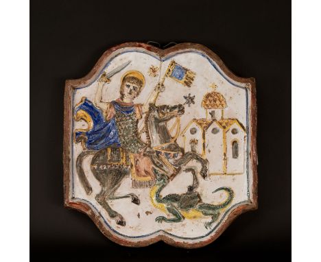 St. George ceramic, plinth in cartouche shape with curved upper and lower border, ceramic, in the centre St. George with chur
