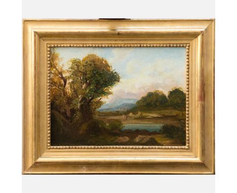 French Artist mid 19th Century , Landscape with travellers , oil on wooden panel, signed bottom left (unreadable), framed. 28