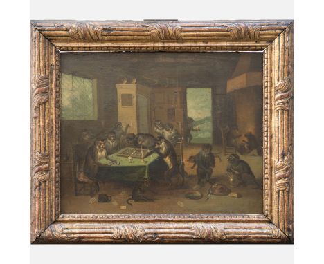 Abraham Tenniers ( 1629-1670)- attributed, Singerie scene with monkeys gambling and smoking in interior , oil on wooden panel