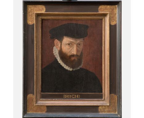 Agnolo Bronzino (1503-1572)-attributed, Portrait of a man , oil on wooden panel, framed, on the reverse old paper label with 