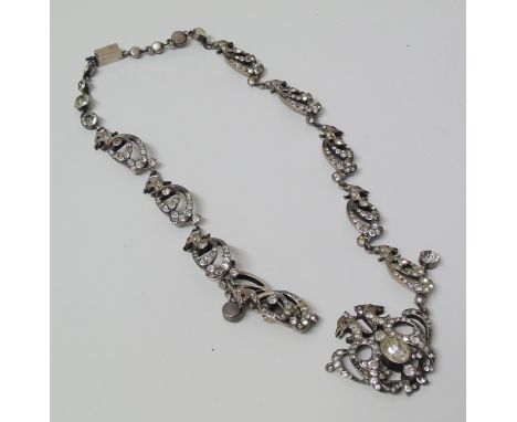White metal vintage costume necklace, comprising double eagle head motif inset with faceted paste stones Condition reports ca