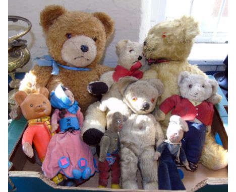 Mid 20th century teddy bear, four stuffed figures, rubber "Rupert The Bear" and three vintage teddy bears. Condition reports 