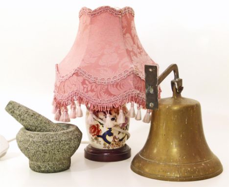 Brass ships style bell, Masons lamp base complete with shade together with a pestle and mortar Condition reports cannot be do