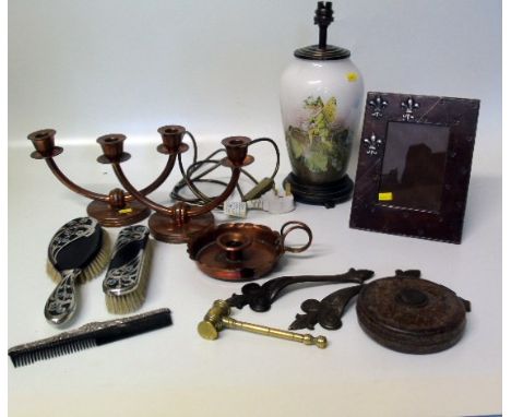 Collection of metal ware to include an Arts & Crafts chamber stick, pair of copper candelabra, brass gavel, dressing table se