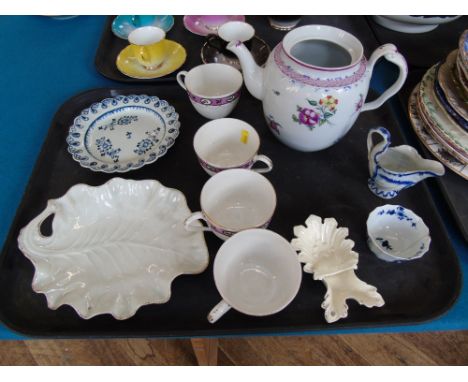 A collection of early pottery and porcelain, to include Worcester workmans mark tea bowl, leaf dish, Liverpool Pinningtons pl