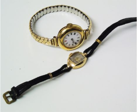 2 ladie's vintage wristwatches, one 18ct yellow gold on expanding base metal strap, circa 1920's, the other by Bulova, 10ct g