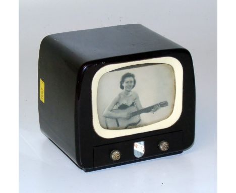 Bakelite television shape jewellery box with hologram of Ruby Murray playing a guitar with musical wind up mechanism Conditio