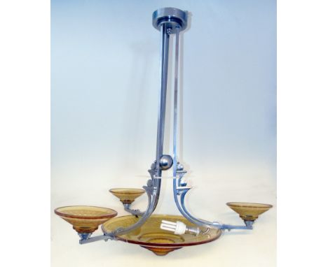 Art Deco three branch pendant light fitting with amber shades. 