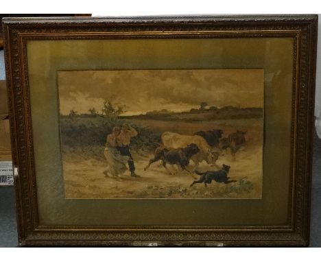 Framed Hepworth print - rural scene - Couple with cattle 