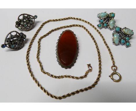 Pendant to chain + 2 pairs 1950's stone set earrings 