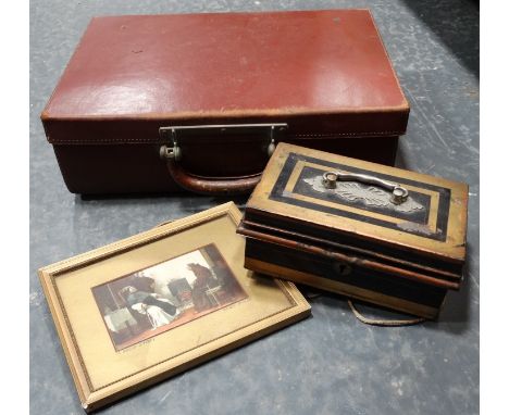 Small leather suitcase, A Good Story Friar print + cash tin 