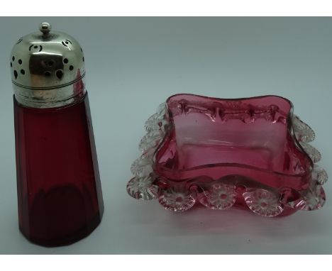 Ruby glass dish & sugar shaker 