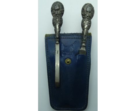 Leather cased silver handle 2 manicure tools 