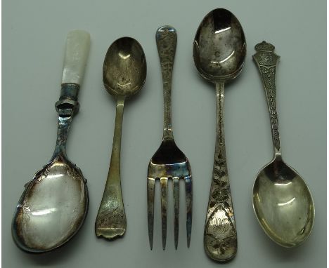 Silver cake fork + teaspoon, silver 1937 Coronation spoon + 1 spoon engraved David 