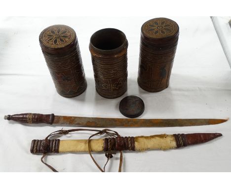 Tribal knife in sheath + 3 leather patch clad pots (2 with lids) 