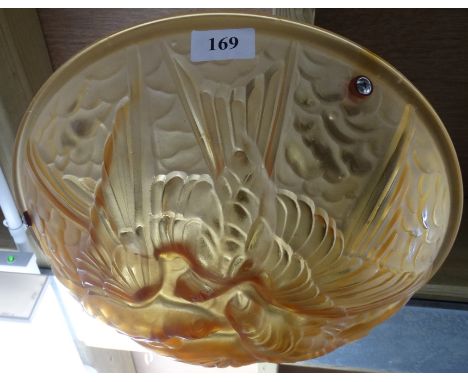 Art Deco amber glass bird decorated hanging ceiling light shade 14" diameter