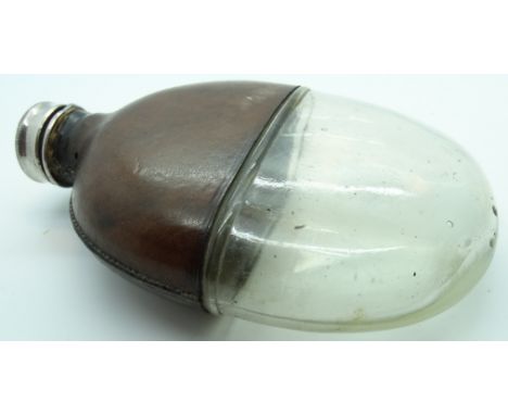 Glass leather clad hip flask with EPNS lid 