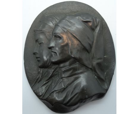 Bronze plaque of a man &amp; woman initialled PR 5" high