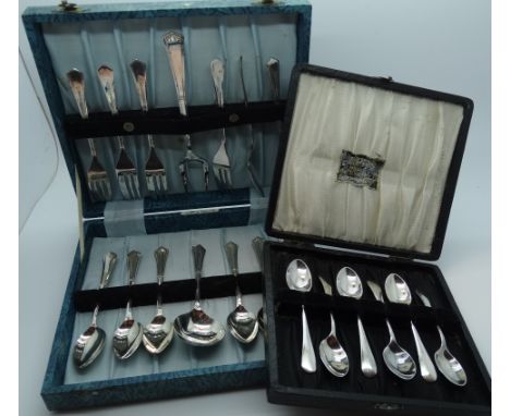 Boxed set of 6 plated egg spoons + cased dessert spoon/fork set 