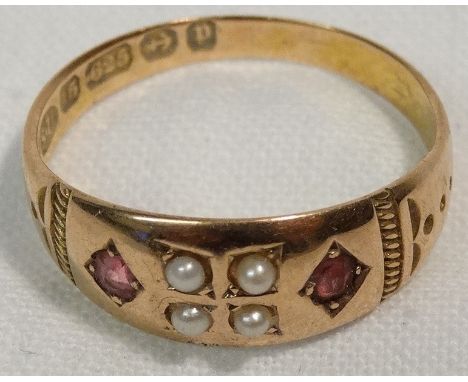 15ct Ruby & pearl ring 1890 Birmingham 2.60g 