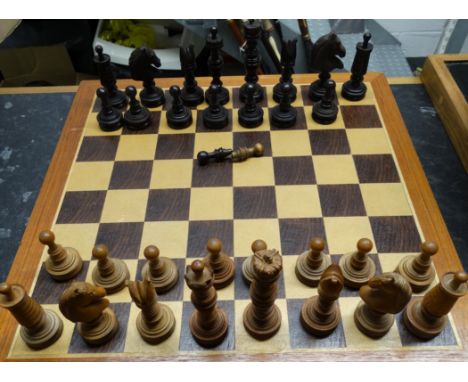 Chess board + set of treen Chessmen (1 black pawn base missing) Q 4"high K 3.75" high
