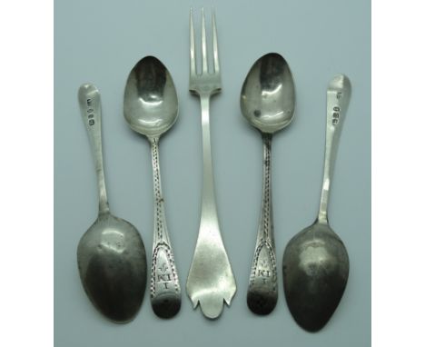 4 Silver teaspoons & a pickle fork 