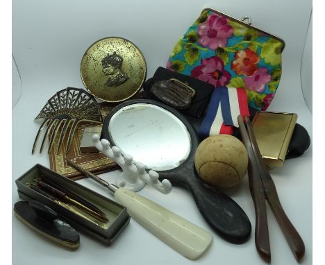 Box of Vintage bags, hairslide, manicure tools, Coronation tin etc. 