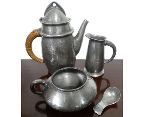 Art Deco pewter 3 piece tea service + a caddy spoon 