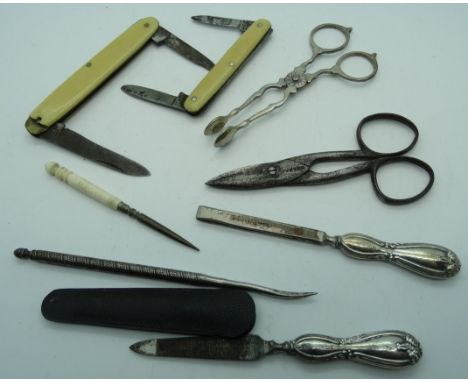 2 Pocket knives, scissors, sugar nips & various manicure tools 