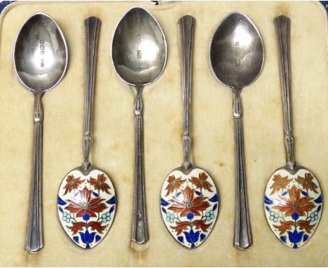 Boxed set of 6 silver, enamel floral back coffee spoons 