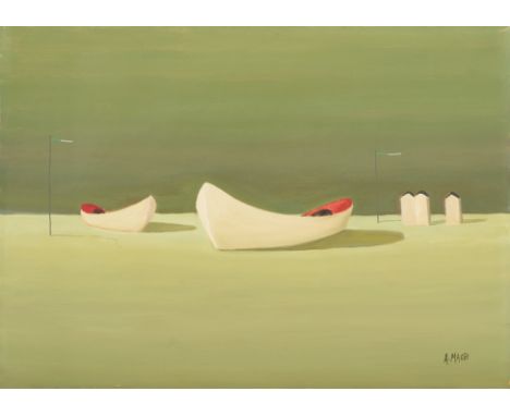 ANTENORE MAGRI(Ferrara 1907- 1978)Barche in attesa, 1973Olio su tela cm 50x70Firma al fronteSul retro dell'opera sono present