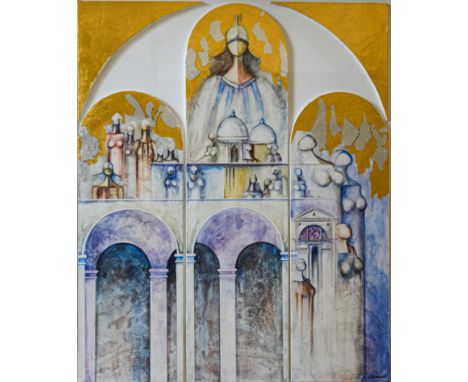 CARLO BRENNA(Milano 1935)Senza titolo, Tecnica mista- "affresco" su tavole di legno con inserti in foglia oro e argentocm 123