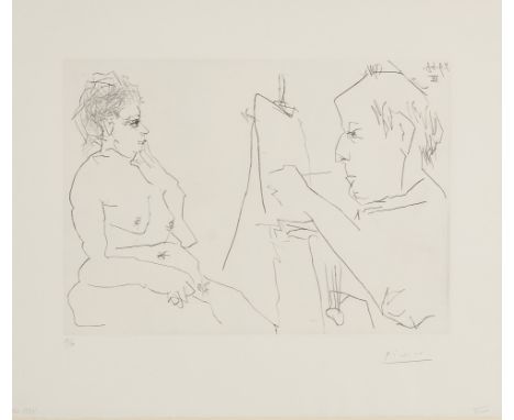 PABLO PICASSO(Malaga 1881 – Mougins 1973)Peintre et Modèle, 1966Acquaforte e puntasecca su carta BFK Rives, Es. 33/50Lastra c