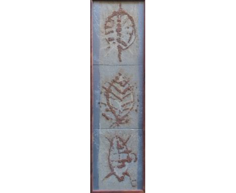 NEDDA BONINI(Bondeno 1960)Foglie, 2003Tecnica mista su tela riportata su tavola di legno cm 75x20Firma e dedica sul retro del