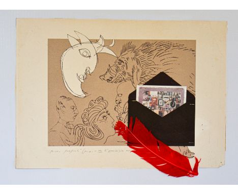 CONCETTO POZZATI(Vo' 1935 - Bologna 2017)Senza titoloLitografia e collage, cm 35x50  Es. P.A.Firma, tiratura e dedica al fron